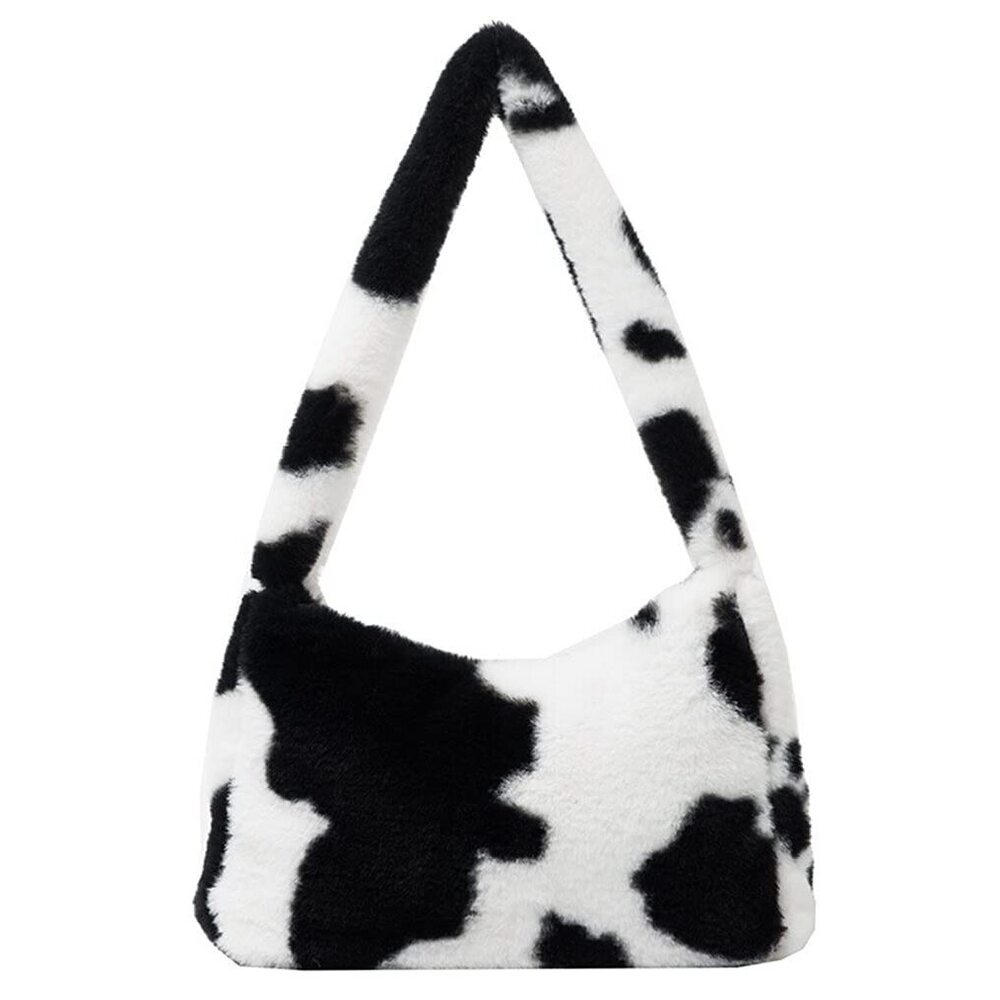 1546 Fluffy Faux Fur Cow Print Shoulder Bag Clutch Purse Underarm Handbag